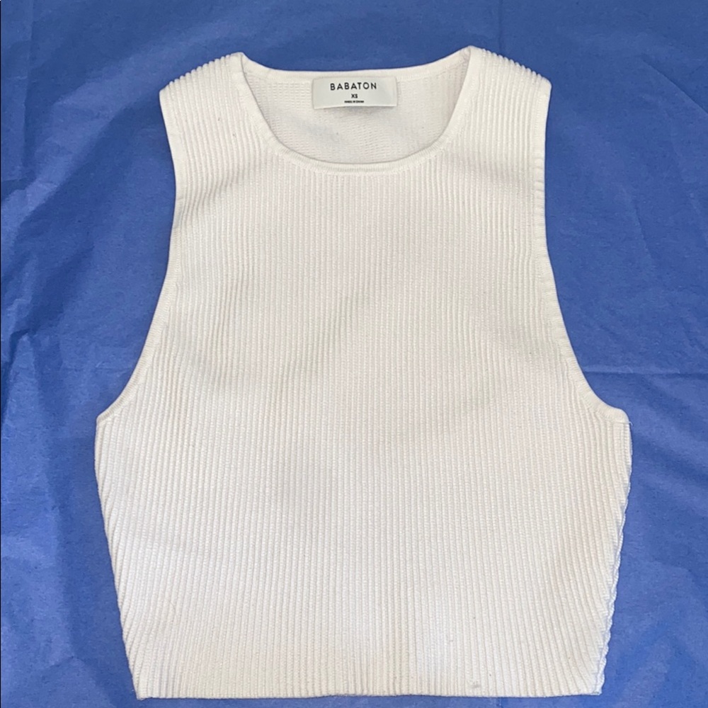 Babaton White Ribbed Crop Tank Top